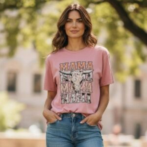 Pink Graphic Tee with Bull Skull Western Cowboy Design Size Large